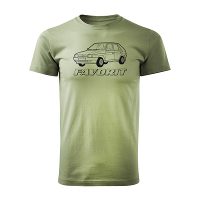 Koszulka z samochodem Skoda ze Skodą Favorit PRL legend męska khaki REGULAR
