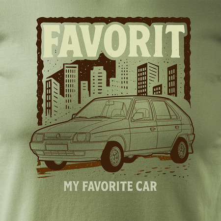 Koszulka z samochodem Skoda ze Skodą Favorit PRL legend męska khaki REGULAR