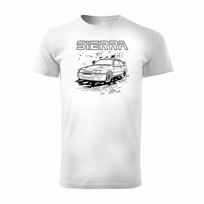 Koszulka z samochodem Ford Sierra RS 500 z Fordem Sierra RS 500 cosworth męska biała